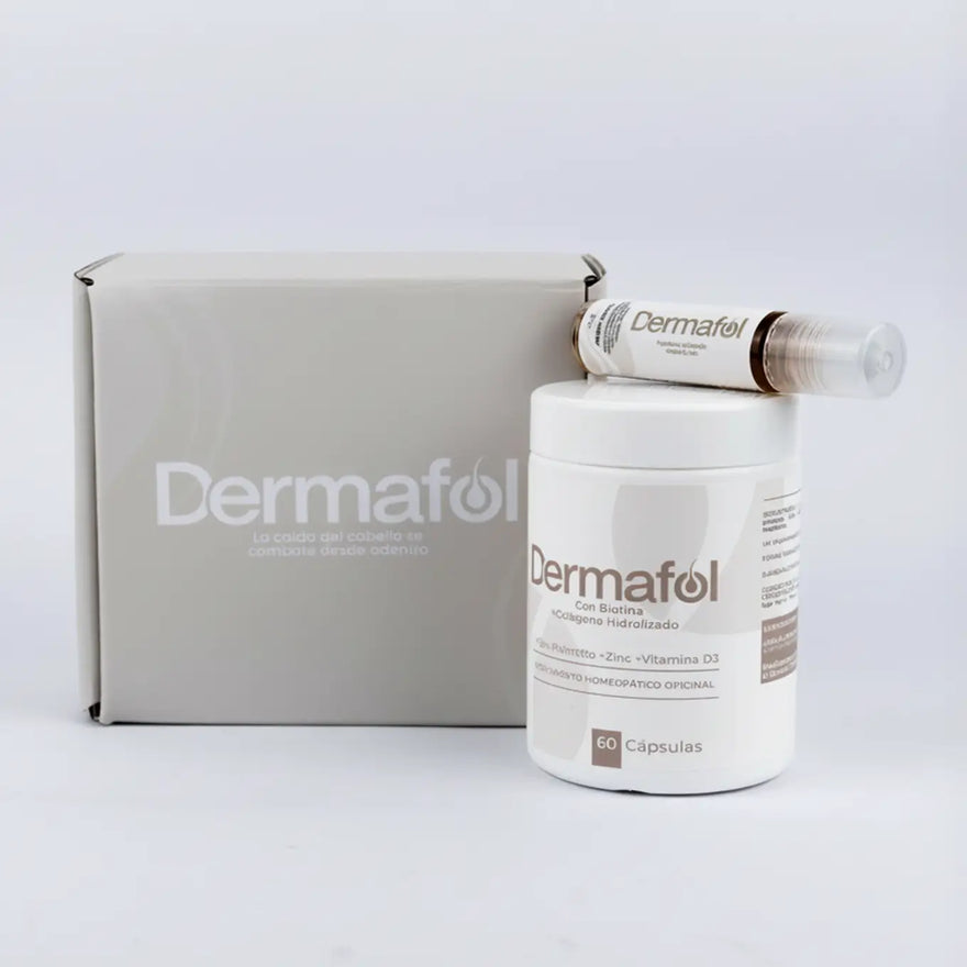 Combo Dermafol 360°: caja, frasco de 60 cápsulas y roll-on de 25 ml.