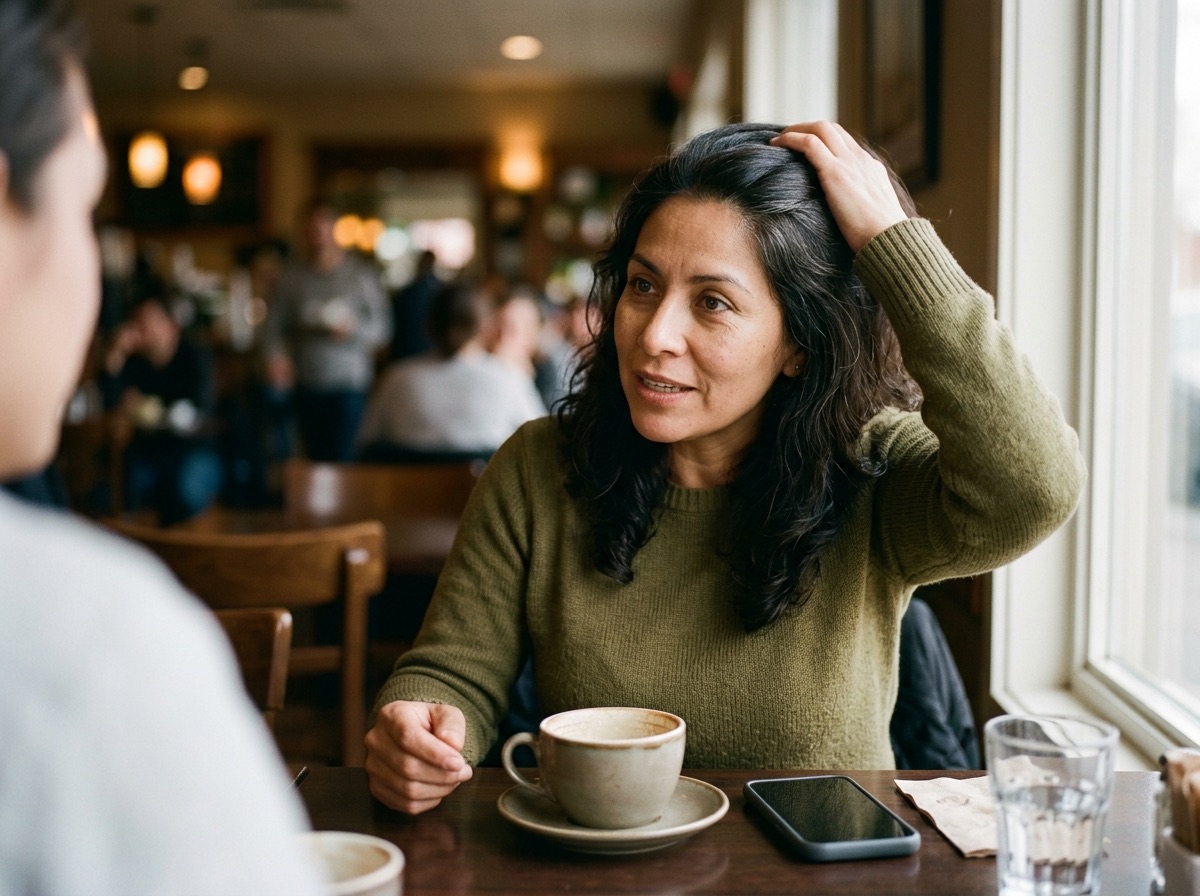 Mujer en una conversación acomodándose el cabello sin pensarlo.
