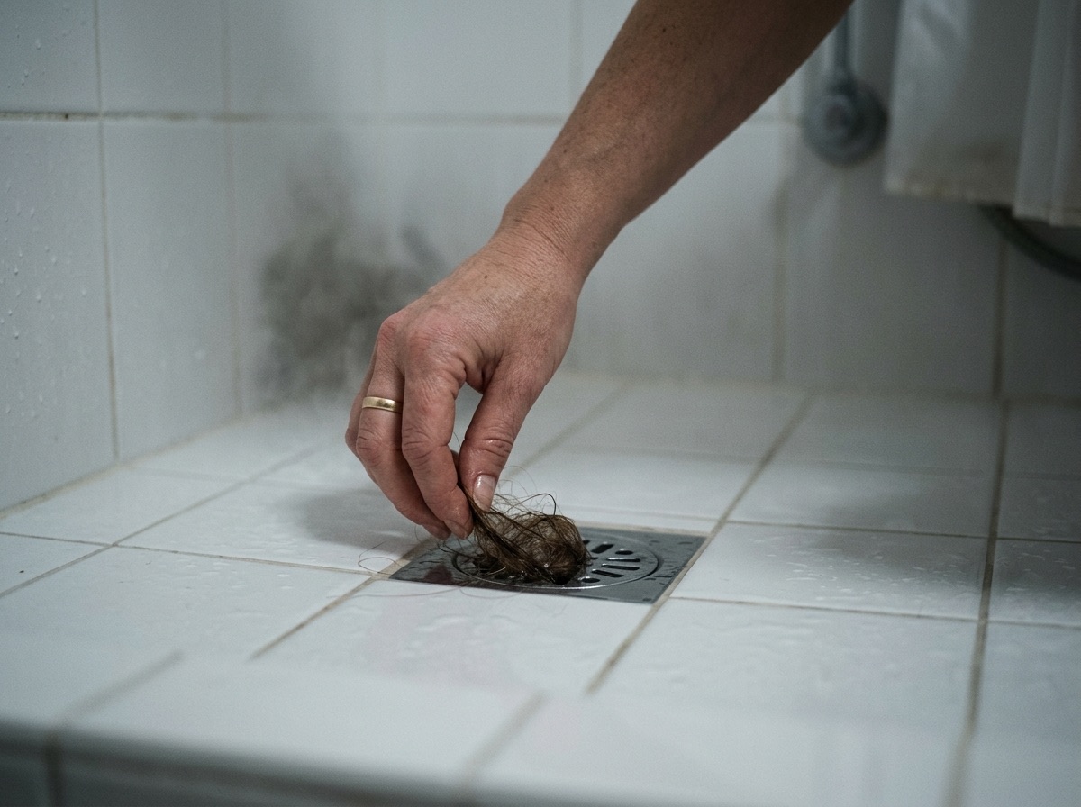 Manos recogiendo cabello del desagüe de la ducha.