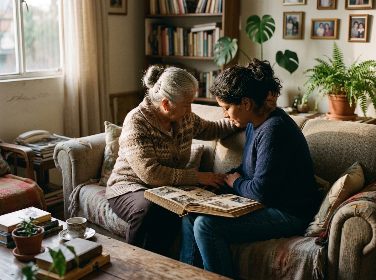 Dos mujeres de distintas generaciones mirando un álbum de fotos.