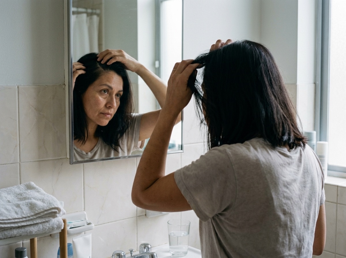 Mujer frente al espejo del baño revisando la línea de su partidura con la luz de la mañana.